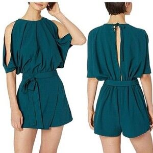 BISHOP + YOUNG Off Duty Teal Cold Shoulder Open Back Crepe Belted Romper M.